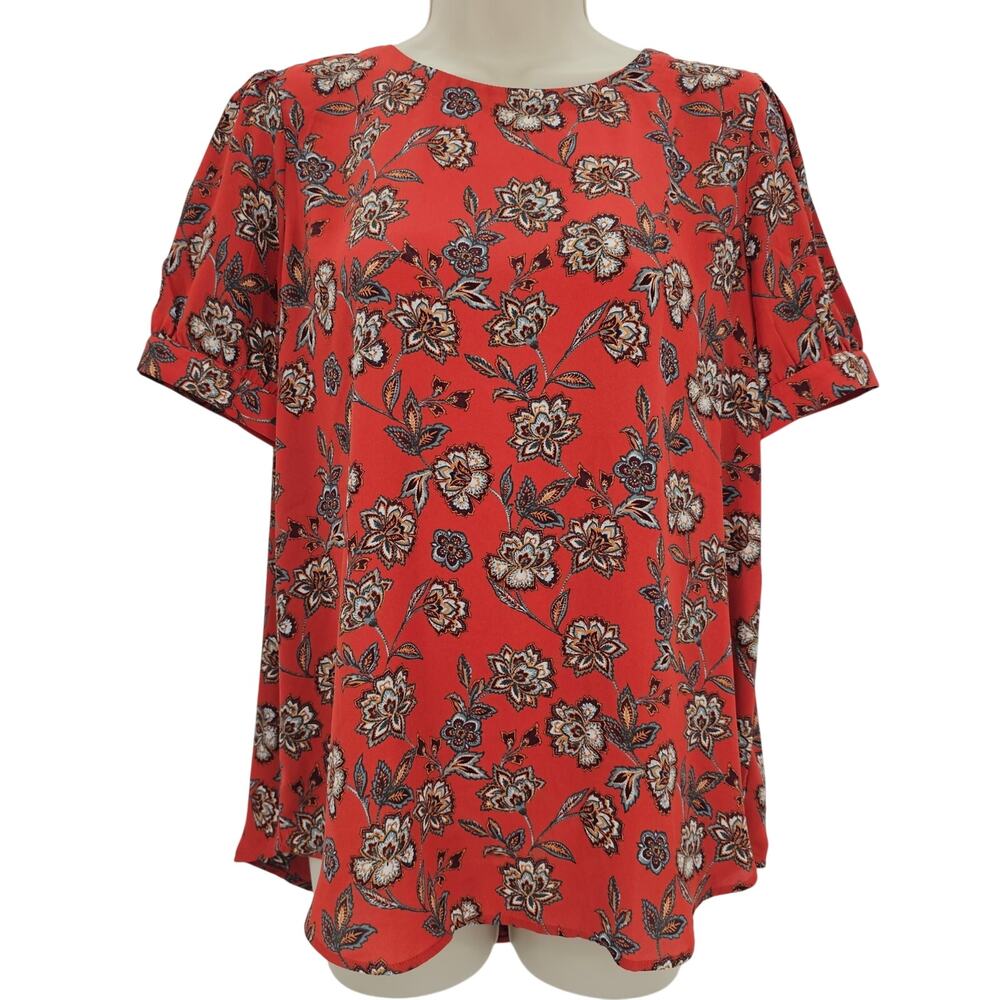 Loft Womans size M Petite Floral Short Sleeve Button Back Blouse Orange/Brown